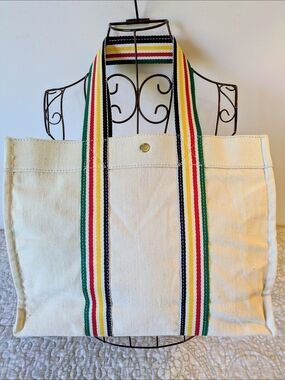 Hudson's Bay Company Cream Canvas Tote with Multicolor Striped Webbing Handles